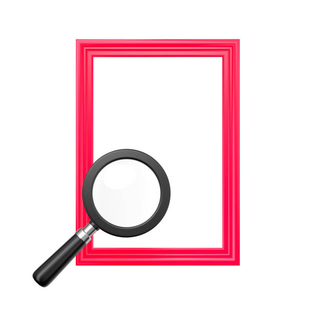 Red frame and magnifying glass isolated. Transparent mockup search icon for finding, reading, research, analysis or discovery concept. 3d rendering