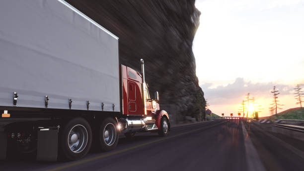 istock American style truck on freeway pulling load. Transportation theme. 3D illustration 2055223240