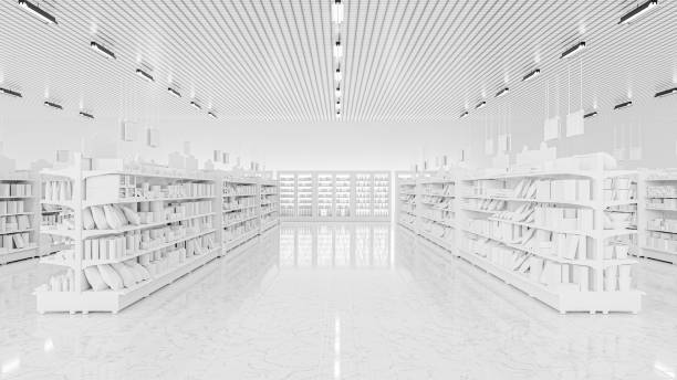 istock 3D Rendering. Store interior supermarket with shelf shelves. 2055223246