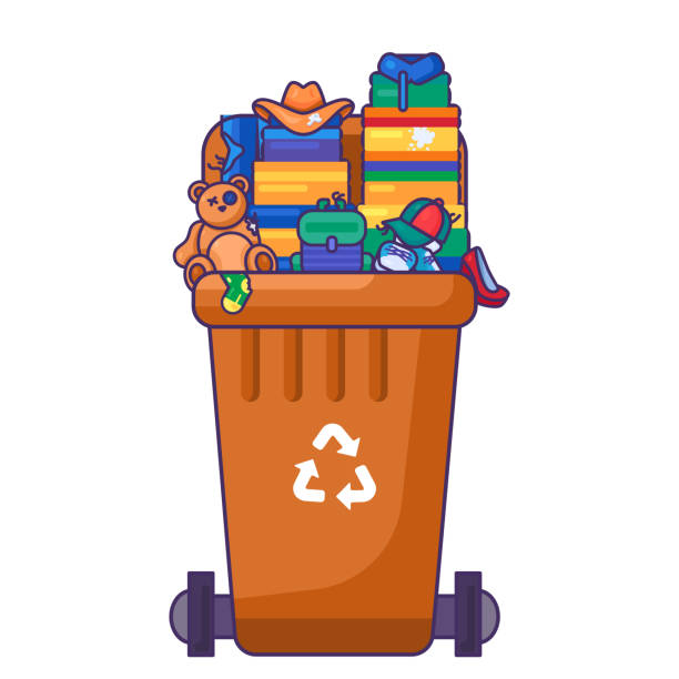 Fulled Transportable Textile Waste Container Fulled opened lid container for storing, recycling and sorting used household textile waste. Transportable trash bin for scraps of fabric, toys and old clothes. Stroked cartoon outline vector overflowing dumpster stock illustrations