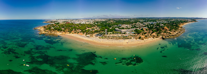 Aerial drone panoramic shots of Praia da Balaia and Praia de Santa Eulalia Portugal, Algarve Albufeira