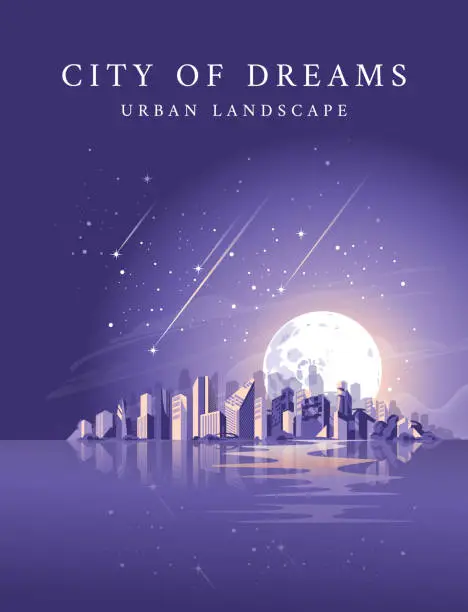 Vector illustration of city skyscrapers in water reflection. A long moonlit night. Purple poster. Horizontal panorama. falling starsillustration