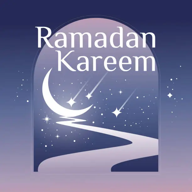 Vector illustration of The mystical night of Ramadan. A bright path to the moon. starry night Square vector postcard