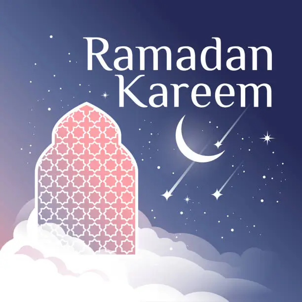 Vector illustration of The mystical night of Ramadan. Traditional Arabic window in the clouds. Bright Starry Night and World of the Moon. Square vector postcard