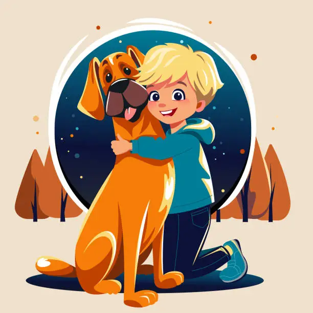 Vector illustration of Vector happy smiling boy and dog