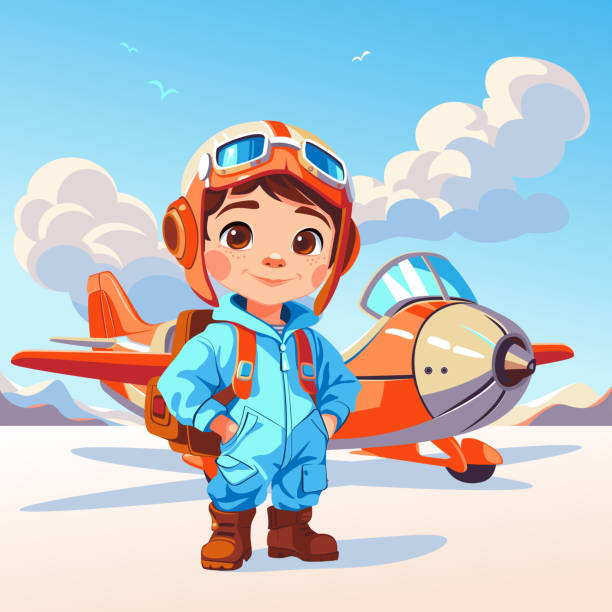 Cartoon kid pilot and toy airplane Cartoon kid pilot standing near old airplane with aviator goggles and happy smiling cartoon of a swimming goggles stock illustrations