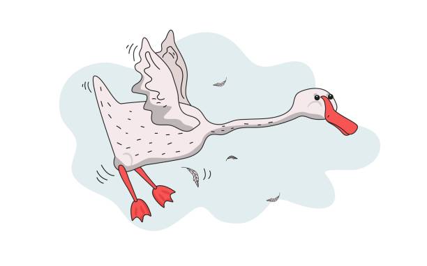 istock Cute funny goose flying, cartoon bird. Drawing of a simple goose and feathers. Vector flat illustration, isolated background. 2055278173