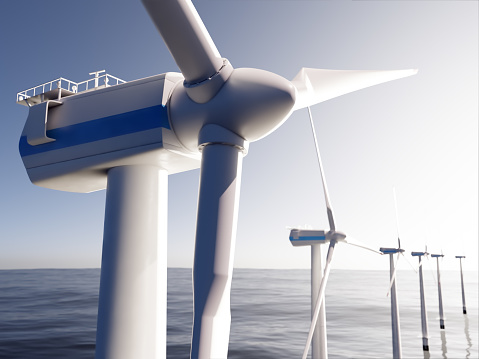 3D rendering of wind turbines installed on the sea
