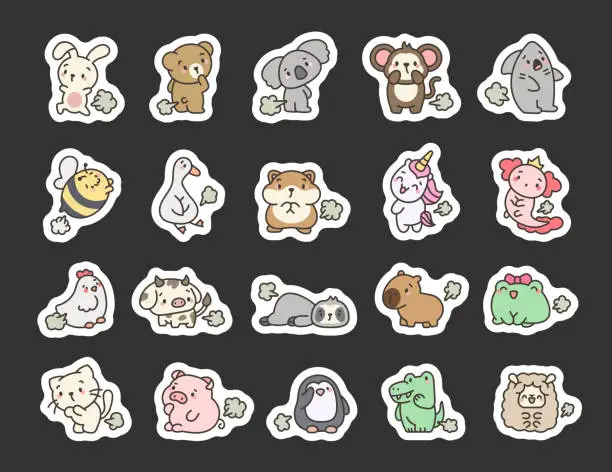 Vector illustration of Cute and funny farting animals. Sticker Bookmark. Cartoon characters. Hand drawn style. Vector drawing. Collection of design elements.