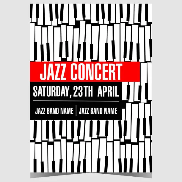 Vector illustration of Jazz concert poster or banner template. Vector booklet, leaflet or invitation flyer with piano keys on the background.