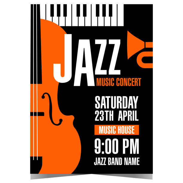 ilustraciones, imágenes clip art, dibujos animados e iconos de stock de cartel o pancarta de concierto de música jazz con instrumentos musicales de fondo. - jazz