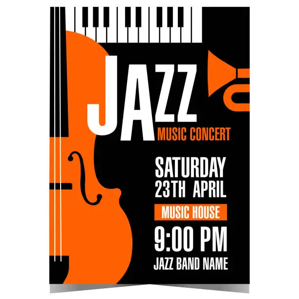 Vector illustration of Jazz music concert poster or banner with musical instruments in the background.