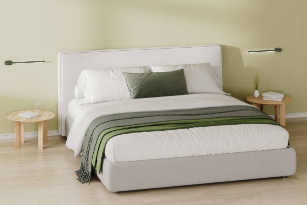 istock Close up of bedroom interior with bed and bedside table with decor, light green wall, 3d render 2055328612