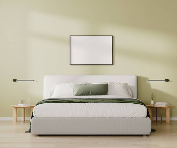 istock Horizontal frame mock up above bed in bedroom interior in light green tone, 3d render 2055328616