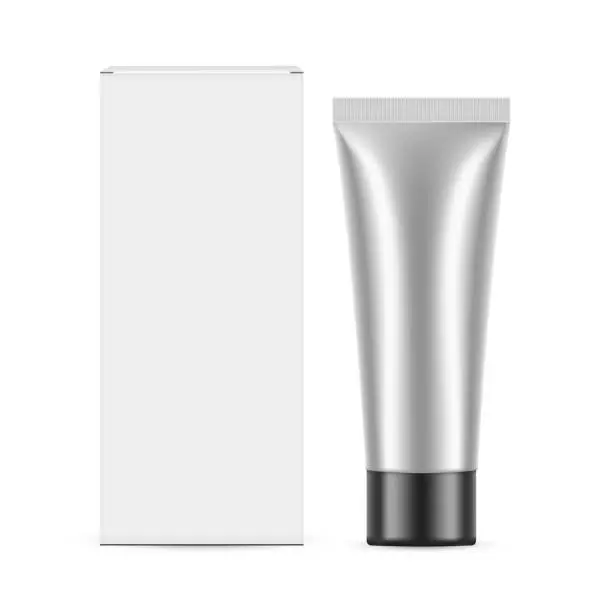 Vector illustration of Glossy Metallic Cosmetic Tube Mockup With Paper Box, Front View