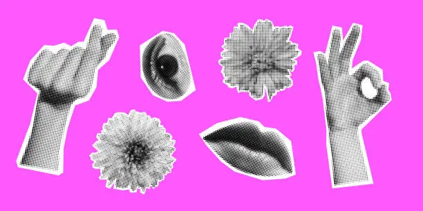Vector illustration of Vector spring set of retro halftone flowers, hands, lips and eye. Halftone collage floral elements. Torn paper. Trendy pop collection. Paper cutout human parts and flowers on pink background.