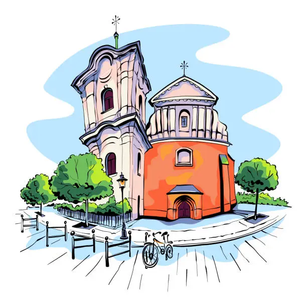 Vector illustration of Church of Sacred Heart of Jesus in Poznan, Poland