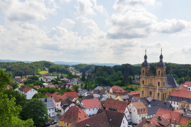 panorama view with pilgrimage site basilica minor in gößweinstein and townscape in franconian switzerland, bavaria, germany - gößweinstein fotografías e imágenes de stock