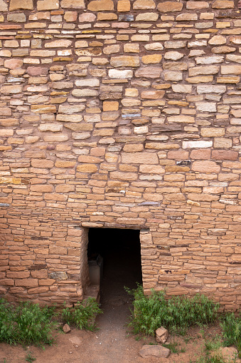 Stone pattern of a wall built by early Pueblos Indians with a door, Lowry Pueblo, Canyon of the Ancients NM, Colorado