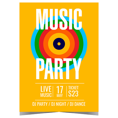 Music party poster or banner template. Vector leaflet or brochure with colourful circles on a yellow background. Invitation flyer for disco dance musical event, concert, festival or show at nightclub.