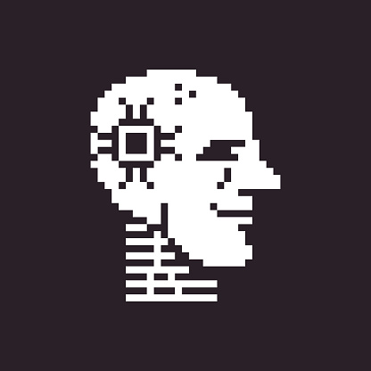 black and white simple 1bit pixel art artificial intelligence icon. humanoid robot head