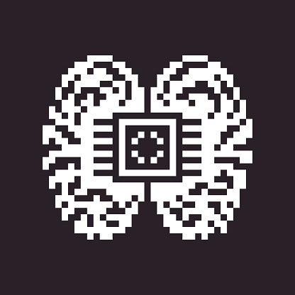 black and white simple 1bit pixel art artificial intelligence icon. brain and chipset
