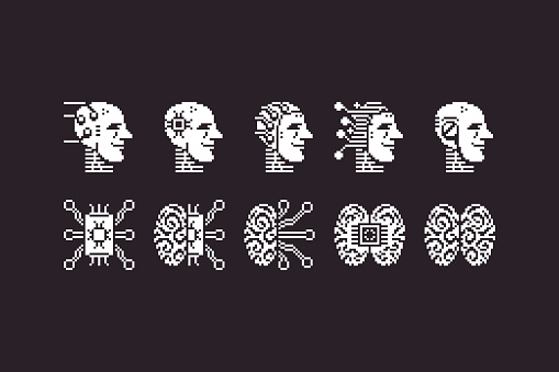 black and white simple 1bit pixel art set of artificial intelligence icons. brain, chipset and humanoid robot head