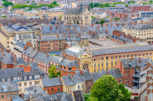 Aerial top view of Amiens historical city centre with old quarters districts with buildings and churches, Somme department, Hauts-de-France Region, Northern France