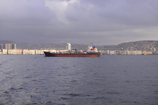 a transport ship in the middle of the sea