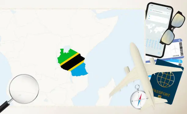 Vector illustration of Tanzania map and flag, cargo plane on the detailed map of Tanzania with flag.