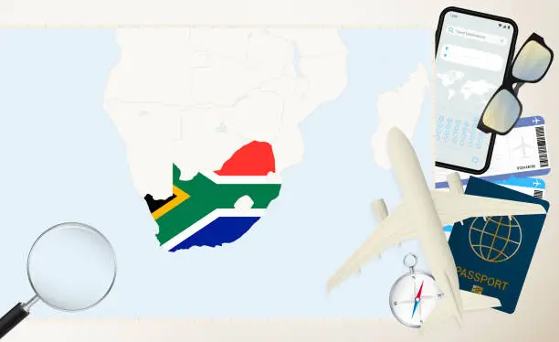 Vector illustration of South Africa map and flag, cargo plane on the detailed map of South Africa with flag.