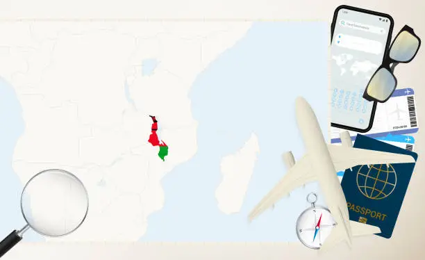 Vector illustration of Malawi map and flag, cargo plane on the detailed map of Malawi with flag.