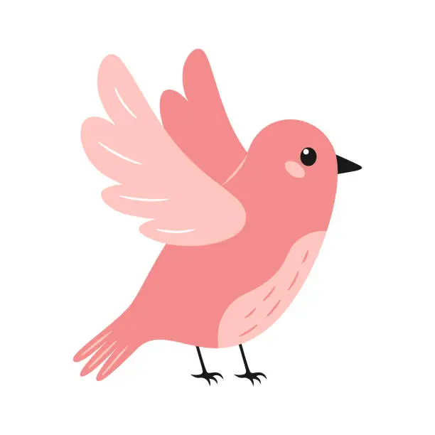 Vector illustration of Flying cute bird in pink colors. Birds or baby animals theme. Vector illustration.