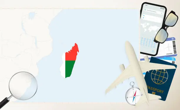 Vector illustration of Madagascar map and flag, cargo plane on the detailed map of Madagascar with flag.