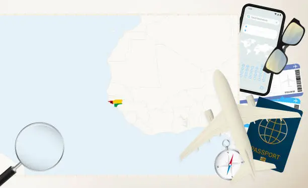 Vector illustration of Guinea-Bissau map and flag, cargo plane on the detailed map of Guinea-Bissau with flag.