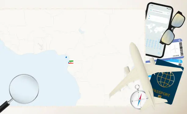 Vector illustration of Equatorial Guinea map and flag, cargo plane on the detailed map of Equatorial Guinea with flag.
