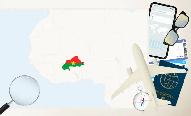 Vector illustration of Burkina Faso map and flag, cargo plane on the detailed map of Burkina Faso with flag.