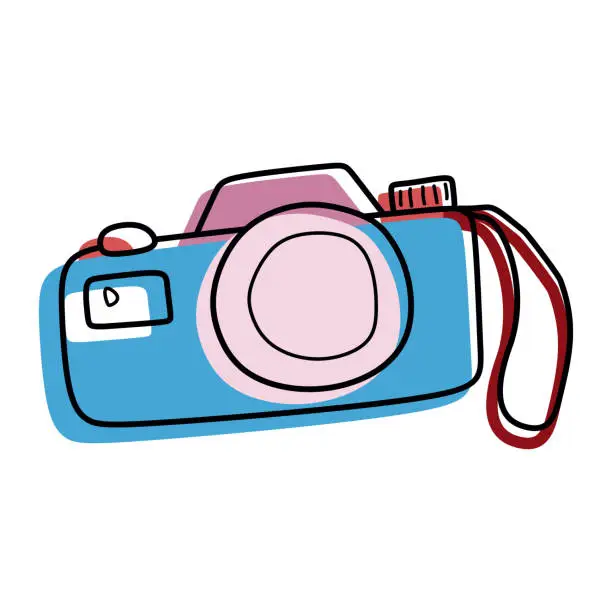 Vector illustration of Doodle camera icon with Color Shapes. Vector Graphic Element for Website Isolated on white. Photography Gadget, Paparazzi device, Inventory, Memory for Tourism and Travel. Cartoon Creativity and art.