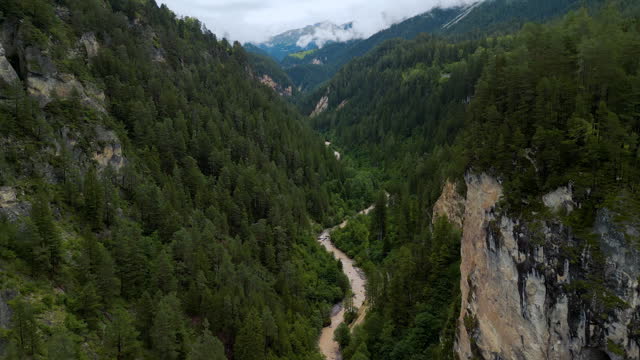 Aerial view of river in the forest in Swiss Alps