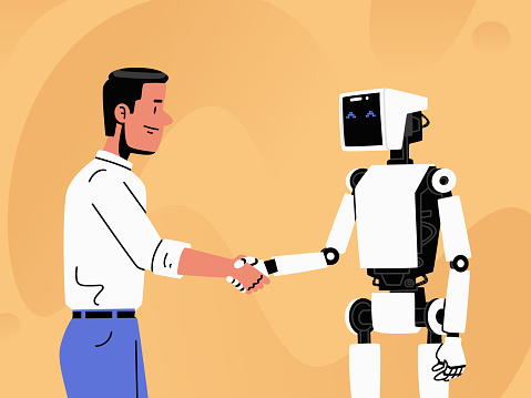 Artificial intelligence. The concept of introducing, helping AI in people's lives. Progress and innovation through the introduction of robotic technology. Handshake between human and robot. Vector illustration in flat style