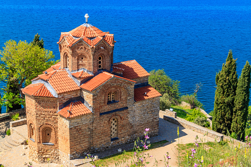 View of Church of St. John at Kaneo and Lake Ohrid in the city of Ohrid, North Macedonia