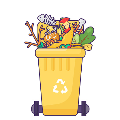 Fulled opened lid container for storing, recycling and sorting used household organic waste. Transportable trash bin for leftover food, vegetables and fruits. Stroked cartoon outline vector
