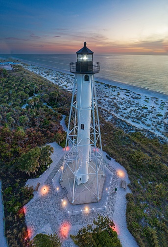 Gasparilla Island, Boca Grande, Lighthouse, lantern Room, light,  Fresnel lens, blue hour, moody skies, Lee County