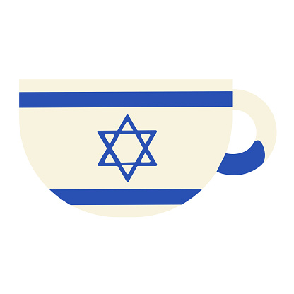 Deep ceramic mug with handle for hot drinks. Festive solid milk element, attribute of Jewish holiday. Cartoon flat vector icon in national colors of Israel flag isolated on white background