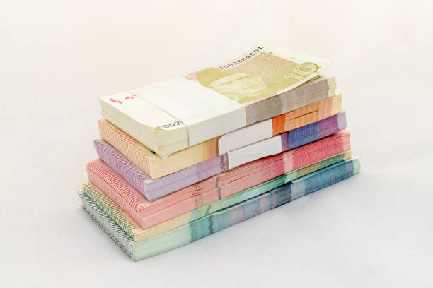 Pakistan currency banknote bundles on white isolated background.