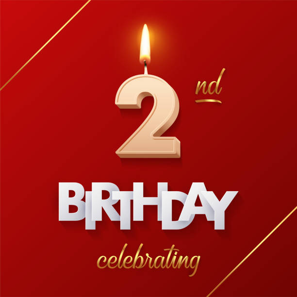 istock Birthday 2 number candles with fire for anniversary cake vector illustration. 3D realistic beige wax numbers ten with candlelight, white and gold font on red background for invitation, greeting card 2055449550