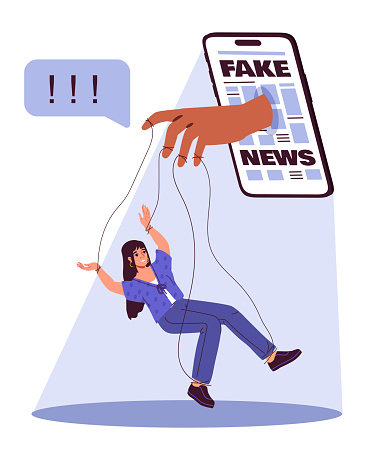 Woman with fake news. Young girl like puppet at hand. Doll at strings. Propaganda, desinformation and manipulation. Bad mass media. Cartoon flat vector illustraton isolated on white background