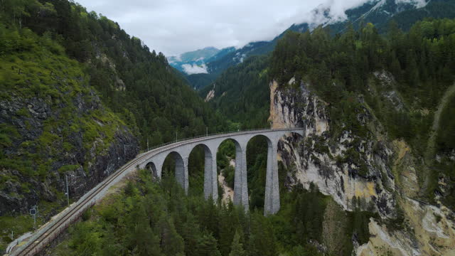 Aerial view of viaduct in Swiss Alps