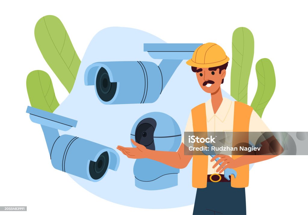 Camera Inspection Cartoon Man Repairs Cameras Vector Stock Illustration - Download Image Now ...
