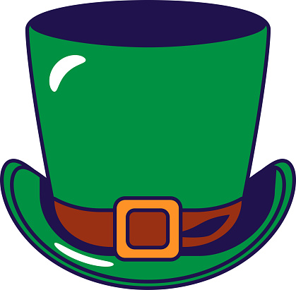 Green top hat, cylinder with leather strap, headdress of Irish fairy tale character Leprechaun. Festive element, attributes of St. Patrick Day. Cartoon vector icon in national colors of Irish flag